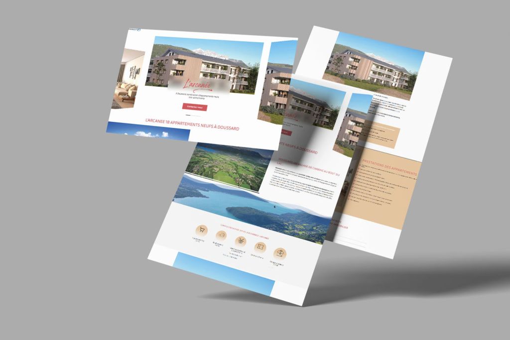 site responsive wordpress réalisé par le web serein du programme immobilier l'arcanée vu de 3 pages depuis un ordinateur