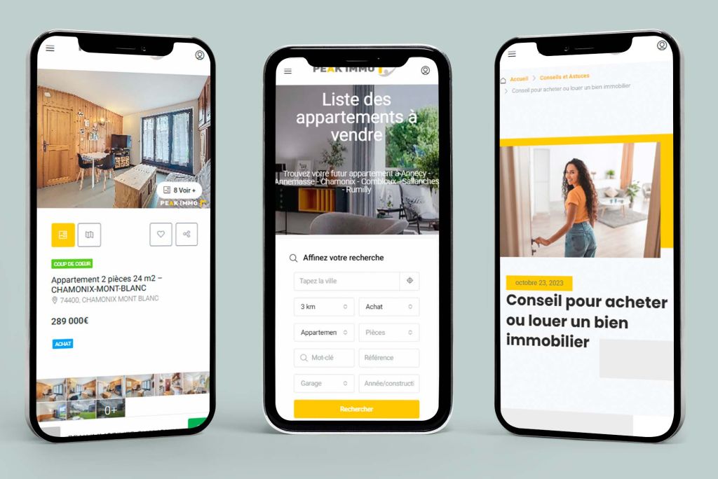 Site wordpress pour agence immobilière réalisé par Le Web Serein; vue d'une annonce, vue de la page recherche et vue d'une page de blog depuis un téléphone portable en mode responsif