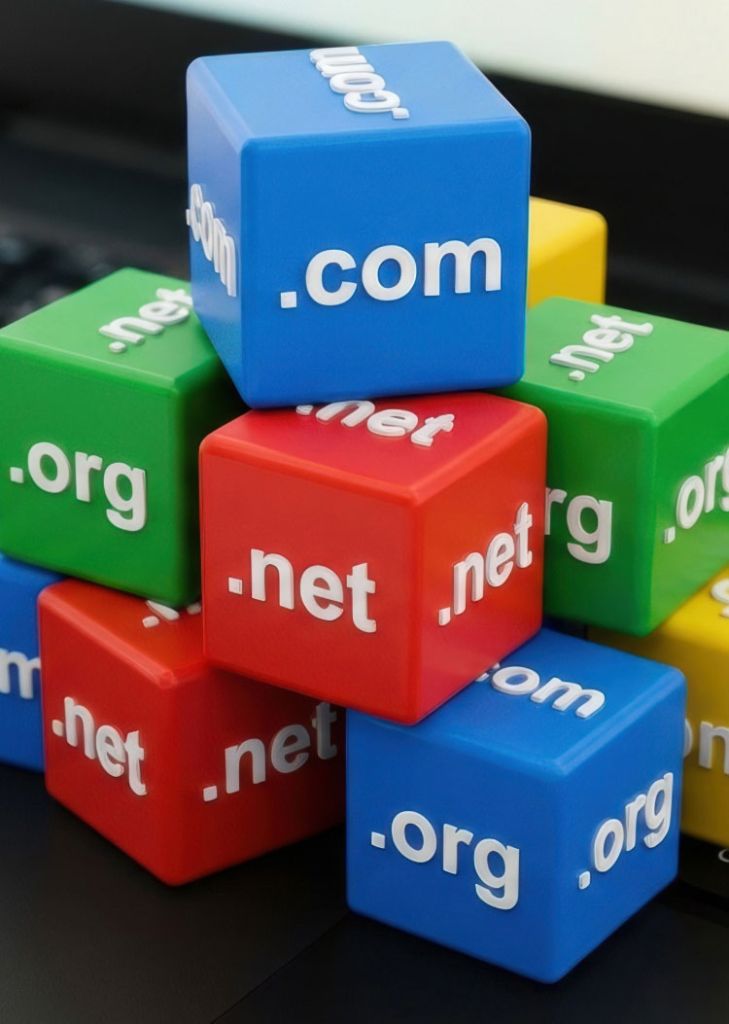 dés en couleur avec écrit dessus. com .net .org pour illustrer comment récupérer son nom de domaine