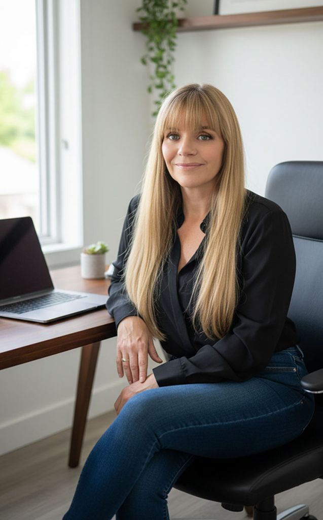 Florence créatrice de Le Web Serein assise à son bureau