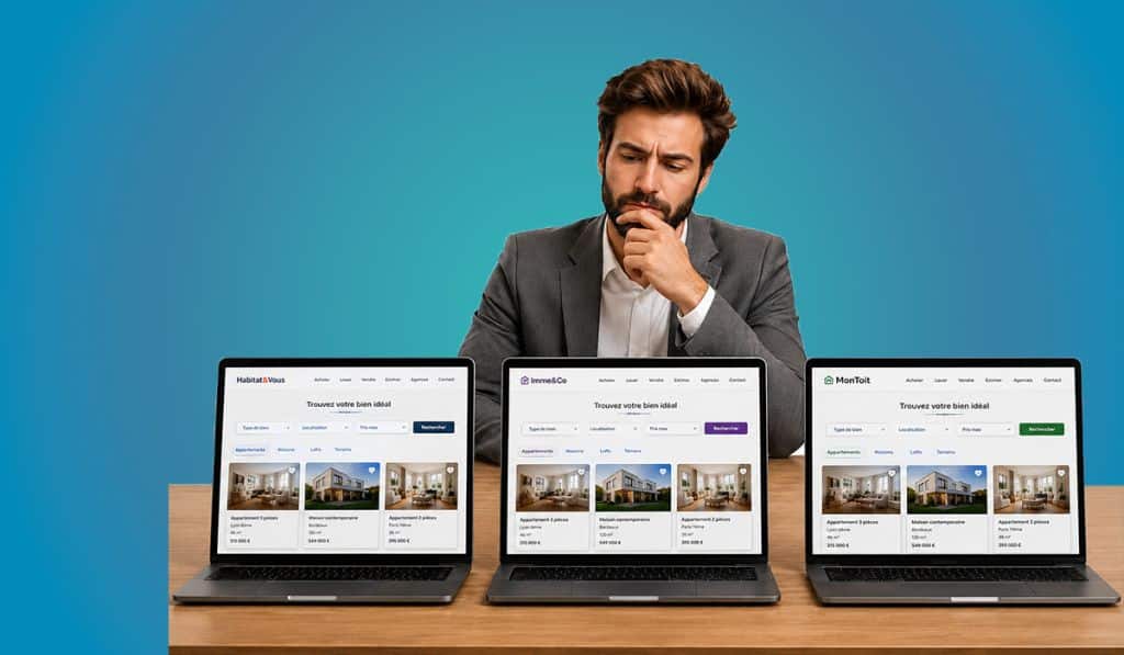 agent immobilier pensif devant 3 sites immobiliers identiques générés par un crm