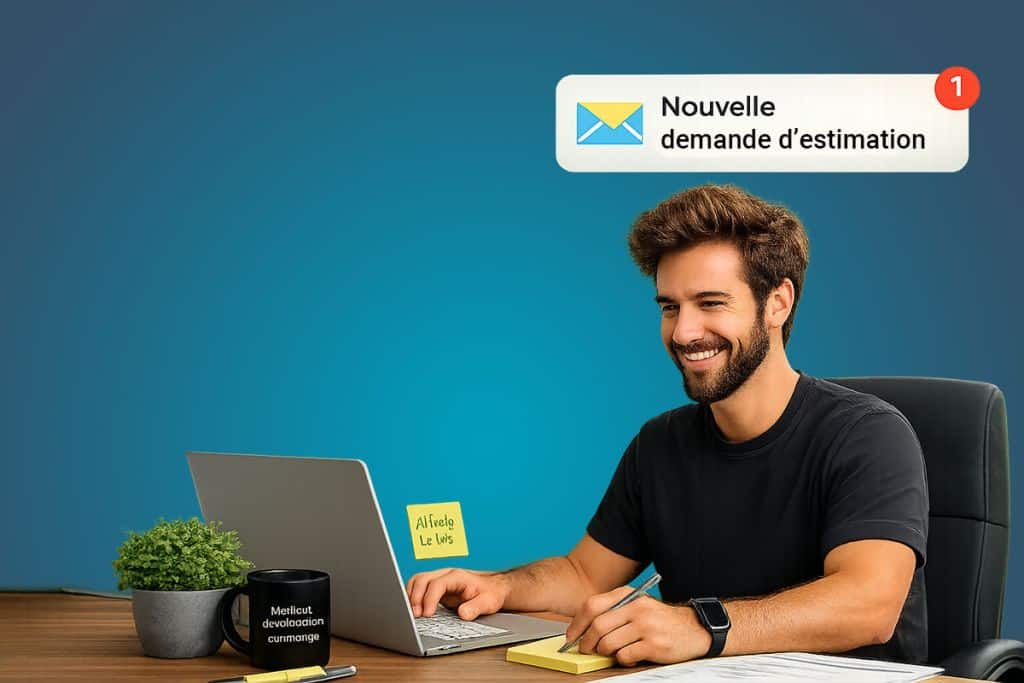 agent immobilier souriant car il a reçu une demande d'estimation de bien depuis son site internet